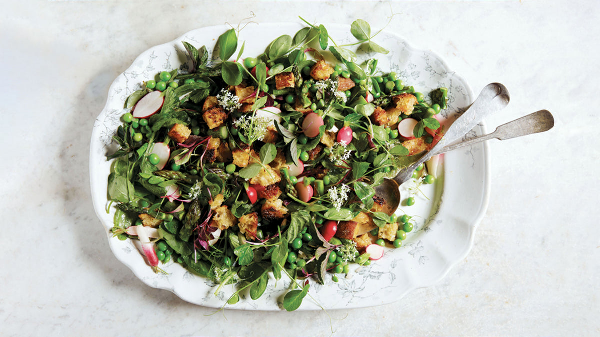 Hammertown Recipes | Spring Bread Salad (with asparagus, radishes, peas and mint) from Erin French