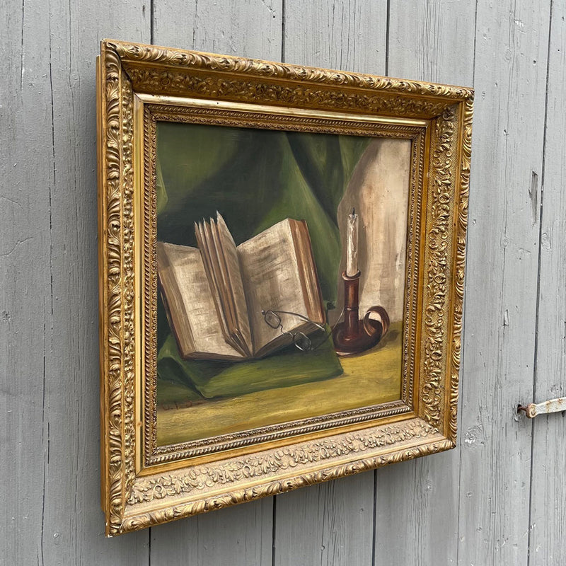 Vintage 19th Century Oil on Board "Book and Candle"