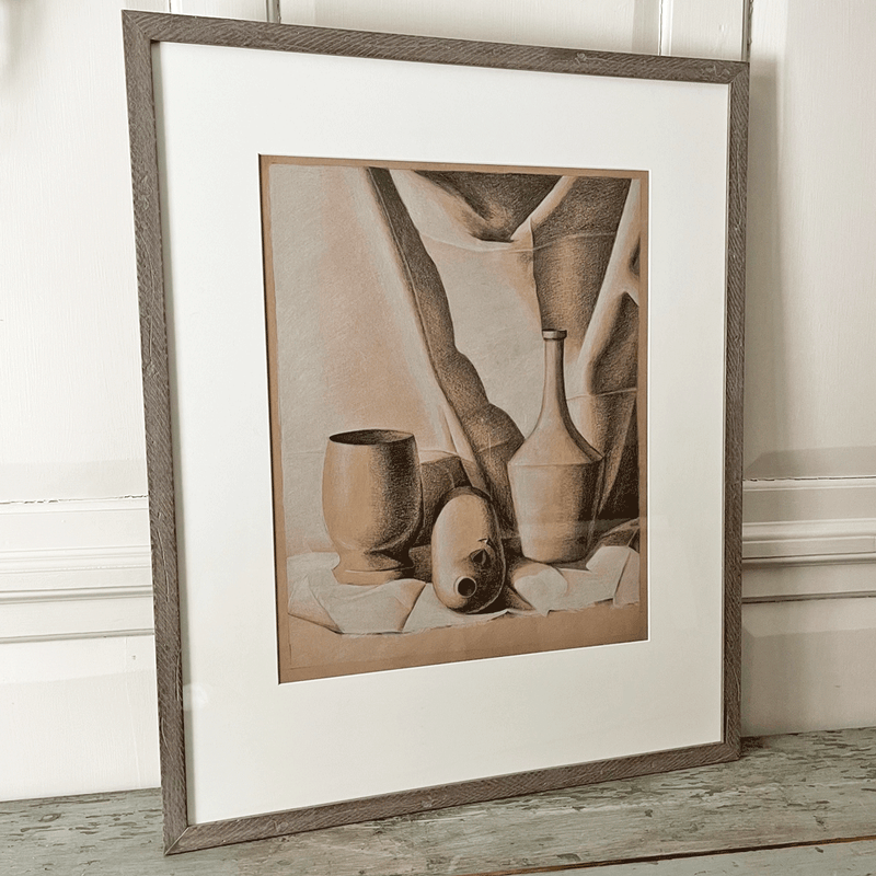 Vintage Framed Charcoal Drawing from Art Student League of New York (Bottles)