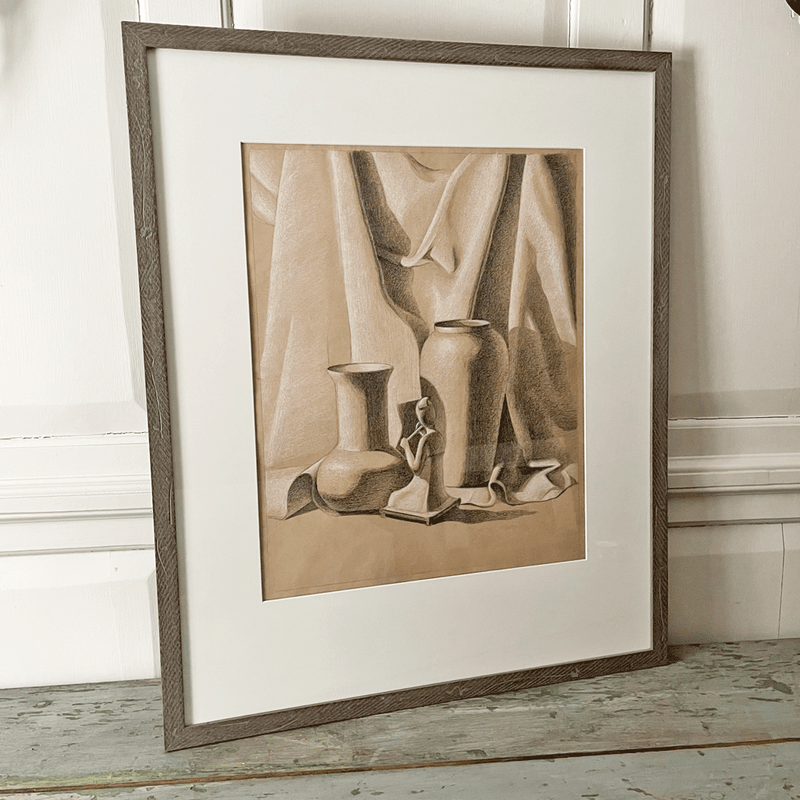 Vintage Framed Charcoal Drawing from Art Student League of New York (Girl with Vase)