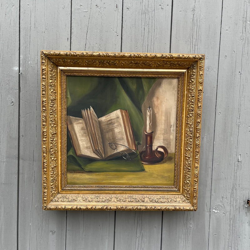 Vintage 19th Century Oil on Board "Book and Candle"