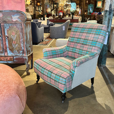 Alma Chair Upholstered in One of a Kind Green and Pink Plaid Fabric By Cisco Home 