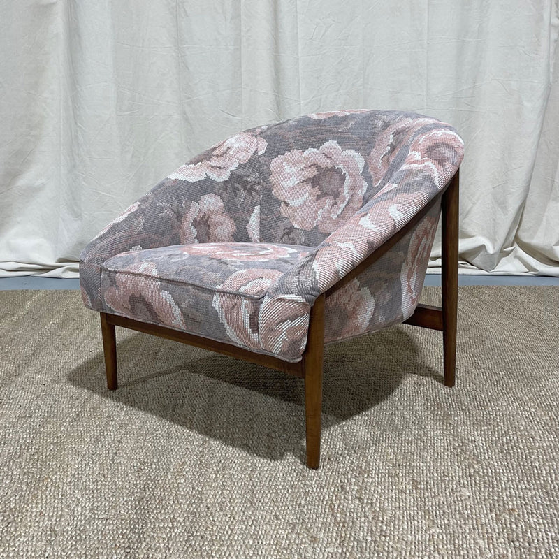Rose Chair Upholstered in Heavy Duty Misty Lilac with Walnut Leg Finish