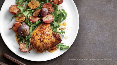 Crispy Chicken Thighs with Spice-Roasted Radishes (from Food & Wine)
