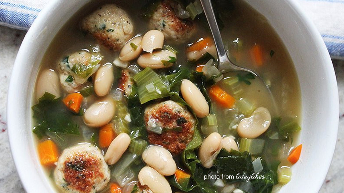 White Bean & Escarole Soup with Chicken Meatballs (from Lideylikes)