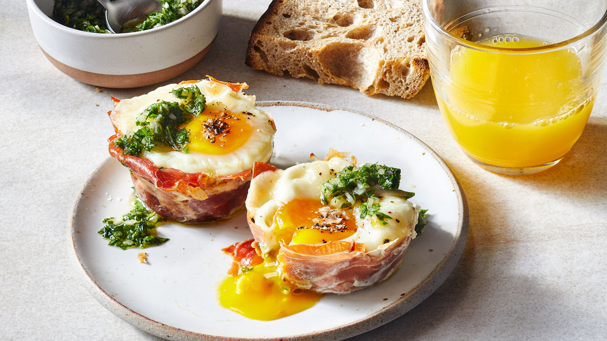 Breakfast Egg Cup with Prosciutto, Mushrooms and Parsley Gremolata