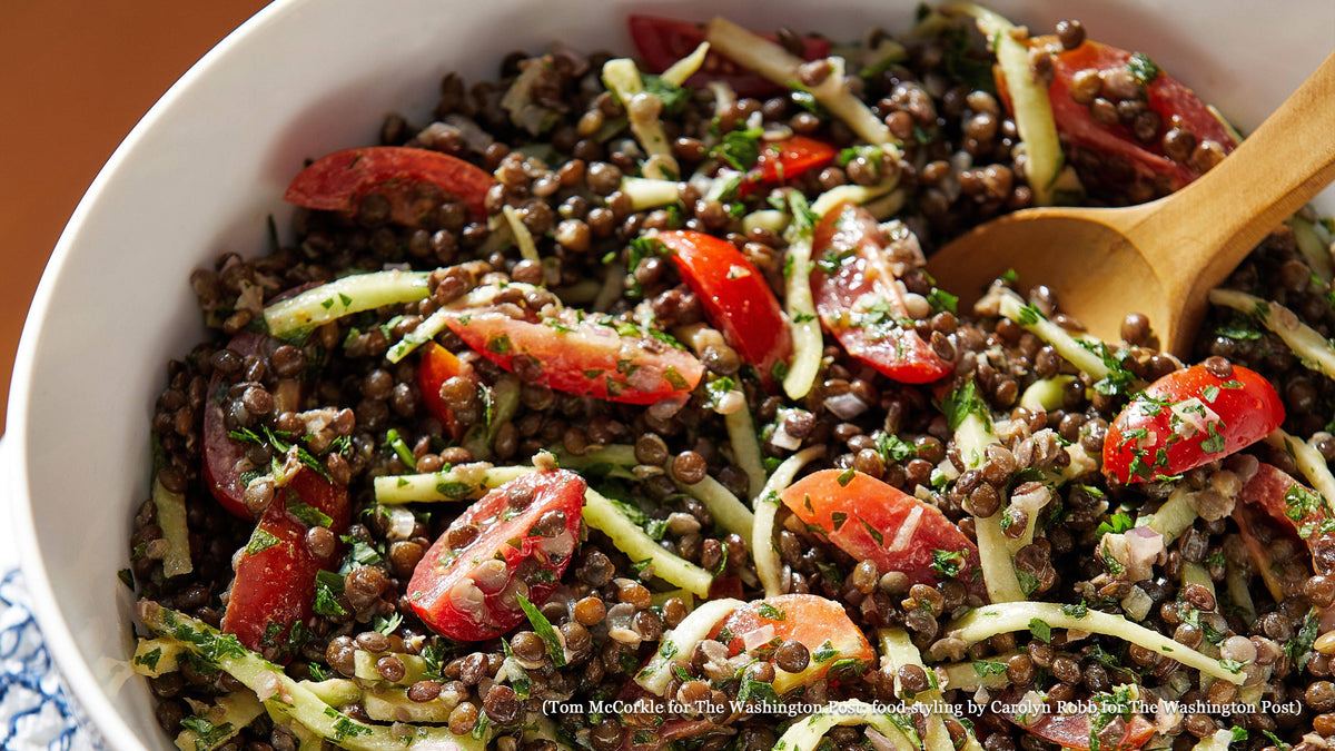 Beluga (black) Lentil Salad with Kohlrabi, Tomatoes & Herbs