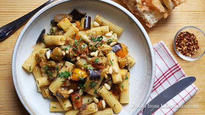 Pasta with Spicy Eggplant & Tomato Caponata - by Lidey Heuck