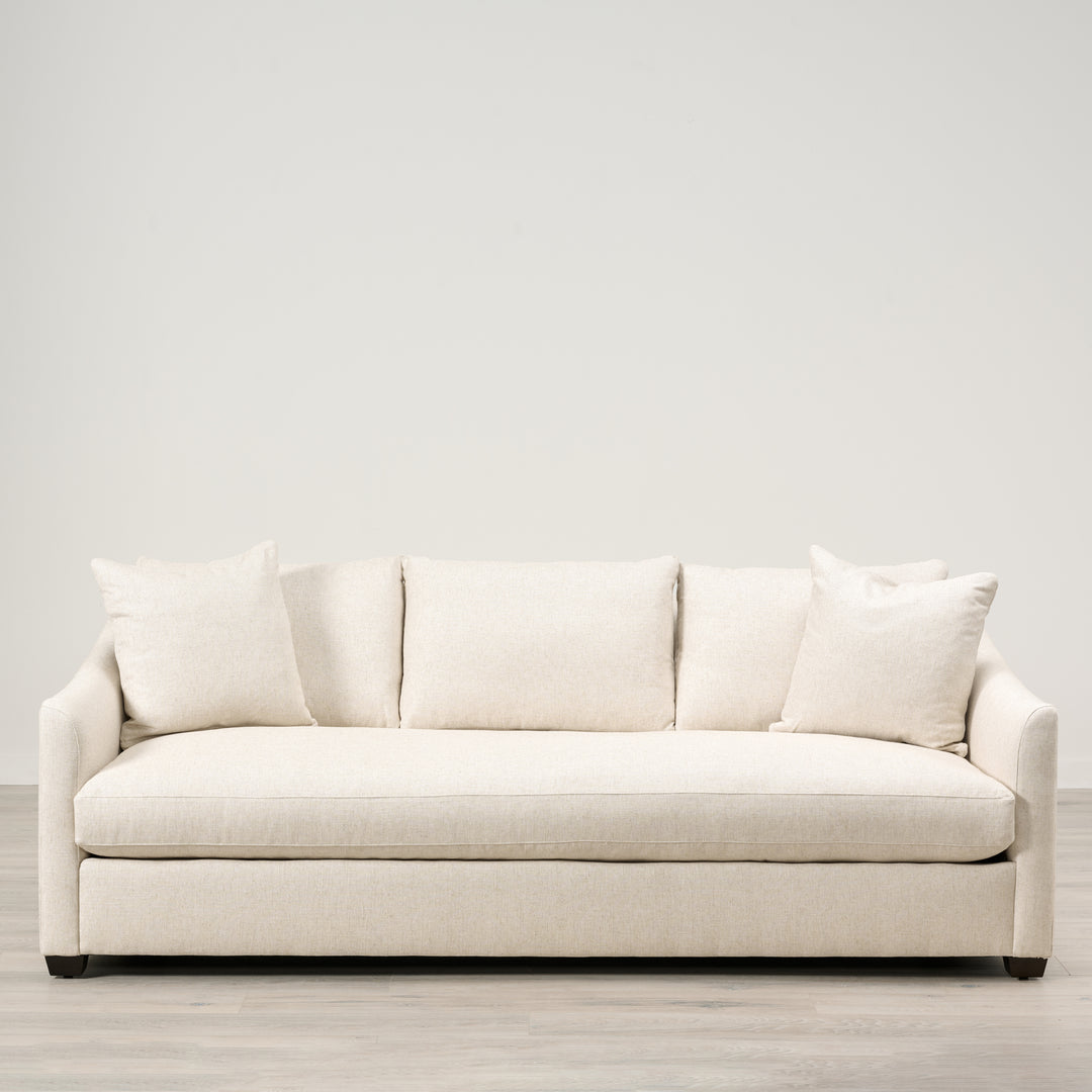 Everleigh 89" Sofa with Bench Seat Upholstered in Sandy Wheat With Harmony Standard Cushion and Espresso Wood Finish