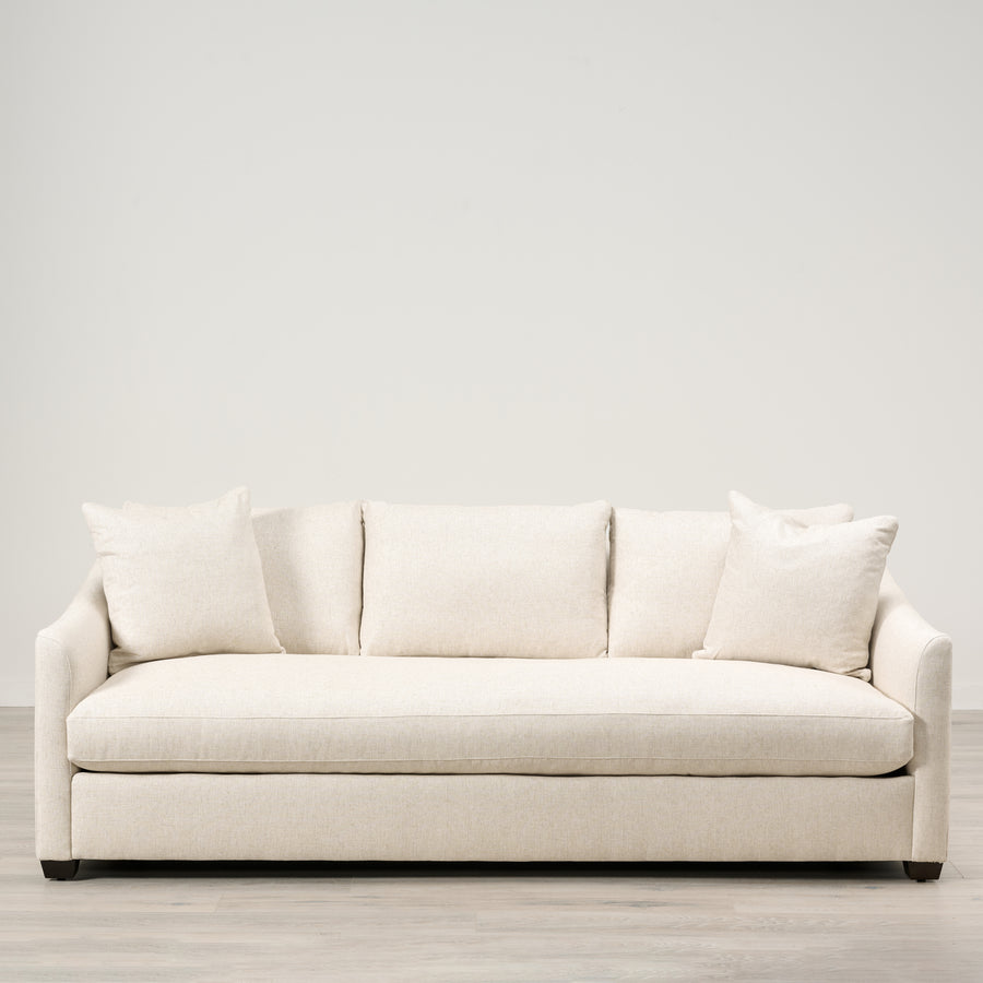 Everleigh 89" Sofa with Bench Seat Upholstered in Sandy Wheat With Harmony Standard Cushion and Espresso Wood Finish