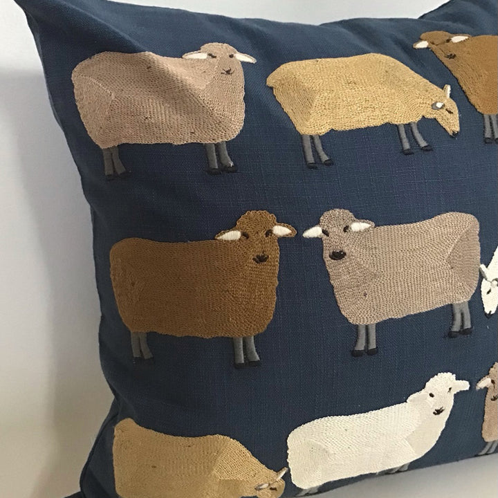 Sheep Pasture Navy Applique Embroidered Pillow