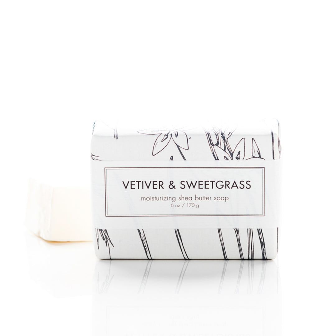 Bar of soap with 'Vetiver & Sweetgrass' label on a white background