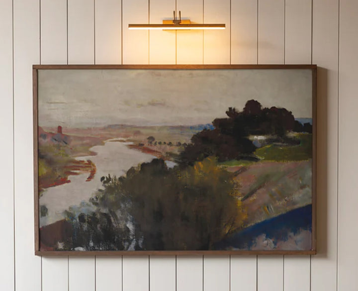 Lingering Dusk on the River Bend Horizontal Framed Wooden Art 48x32 Dark Brown Frame