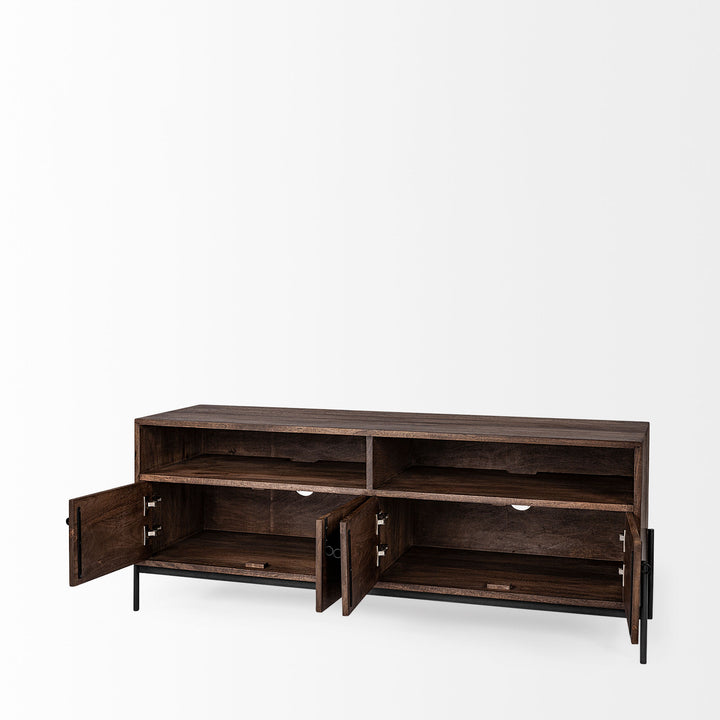 Grier 61.5" Media Console with Storage and Dark Brown Wood Frame with Black Iron Accents - TV stand for TV up to 71"