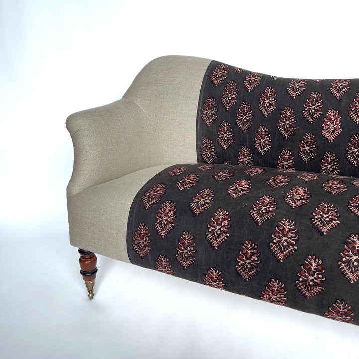 Dromedary Loveseat Upholstered in One Of a Kind Batik Black Runner By John Derian for Cisco Brothers