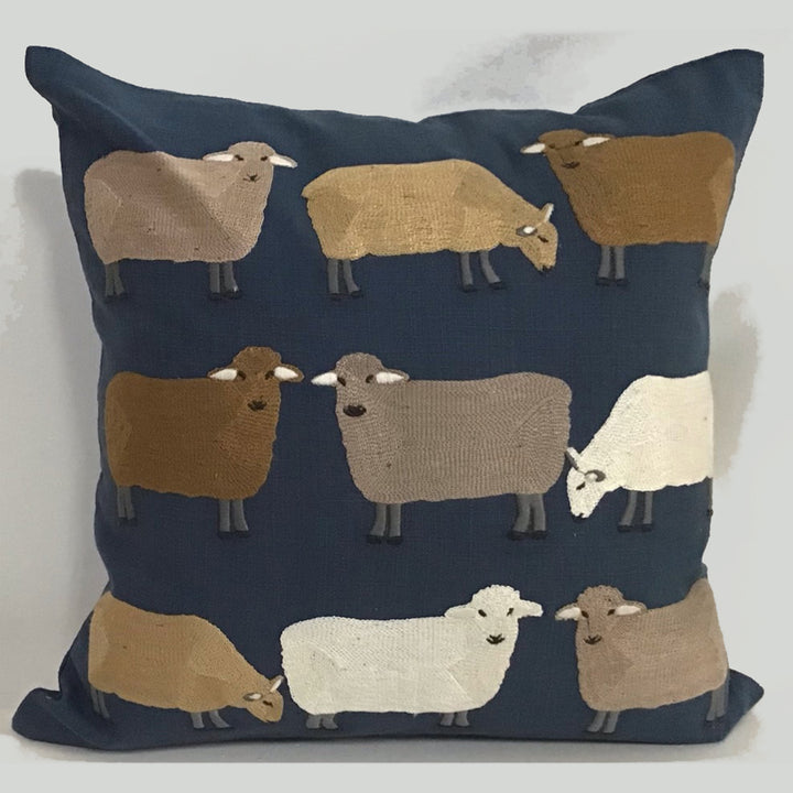Sheep Pasture Navy Applique Embroidered Pillow