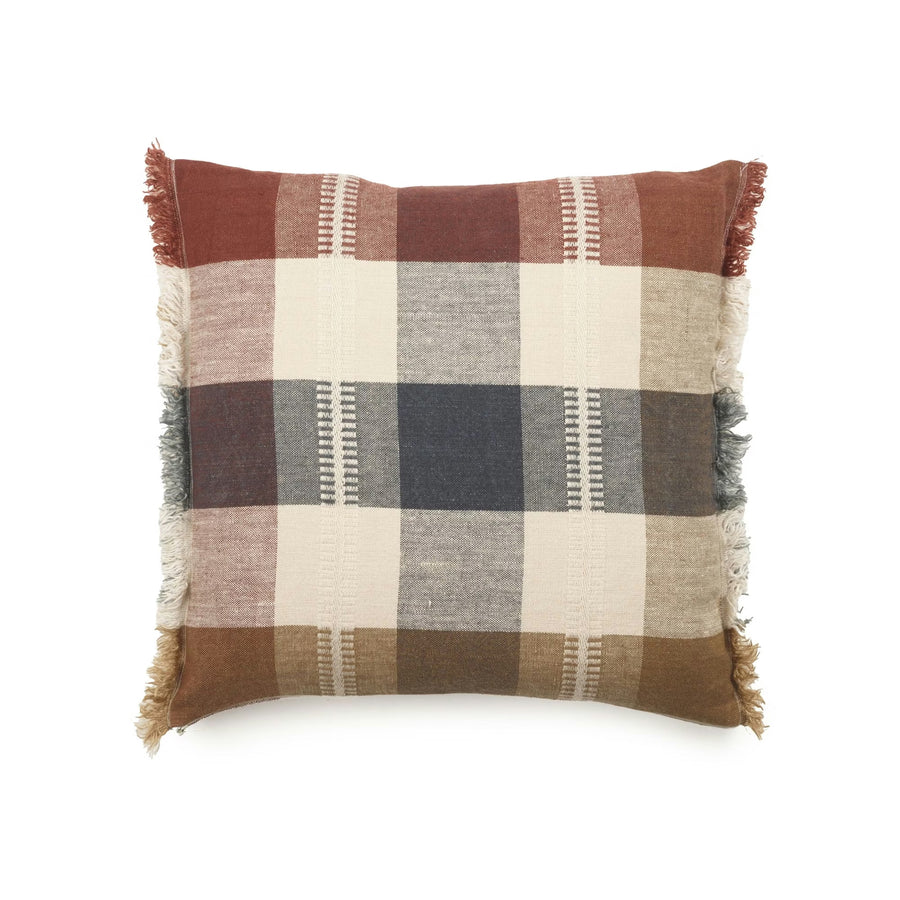 Plaid patterned pillow with fringes on a white background