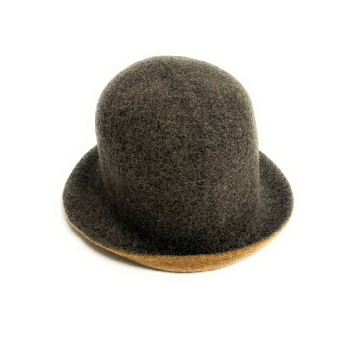 Boiled Wool Reversible Cloche Hat in Taupe/Mustard