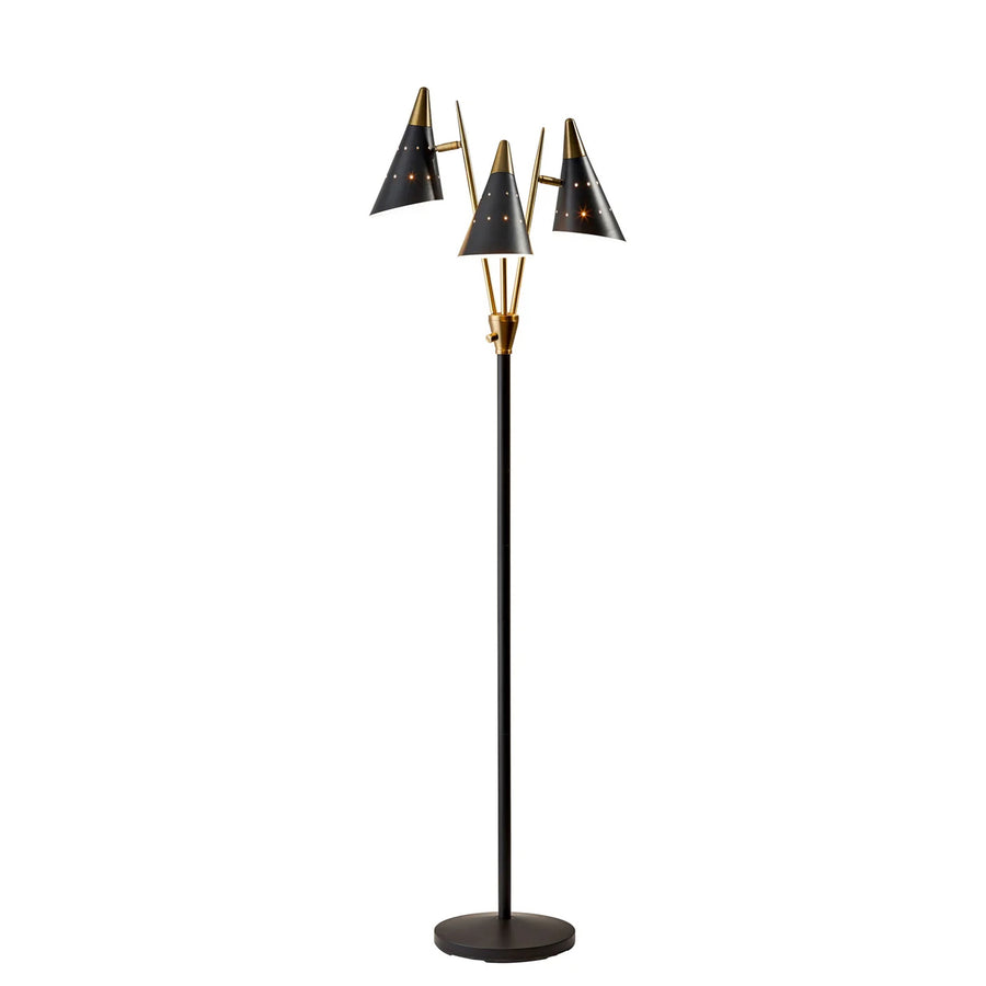 Modern floor lamp with three black lampshades on a white background