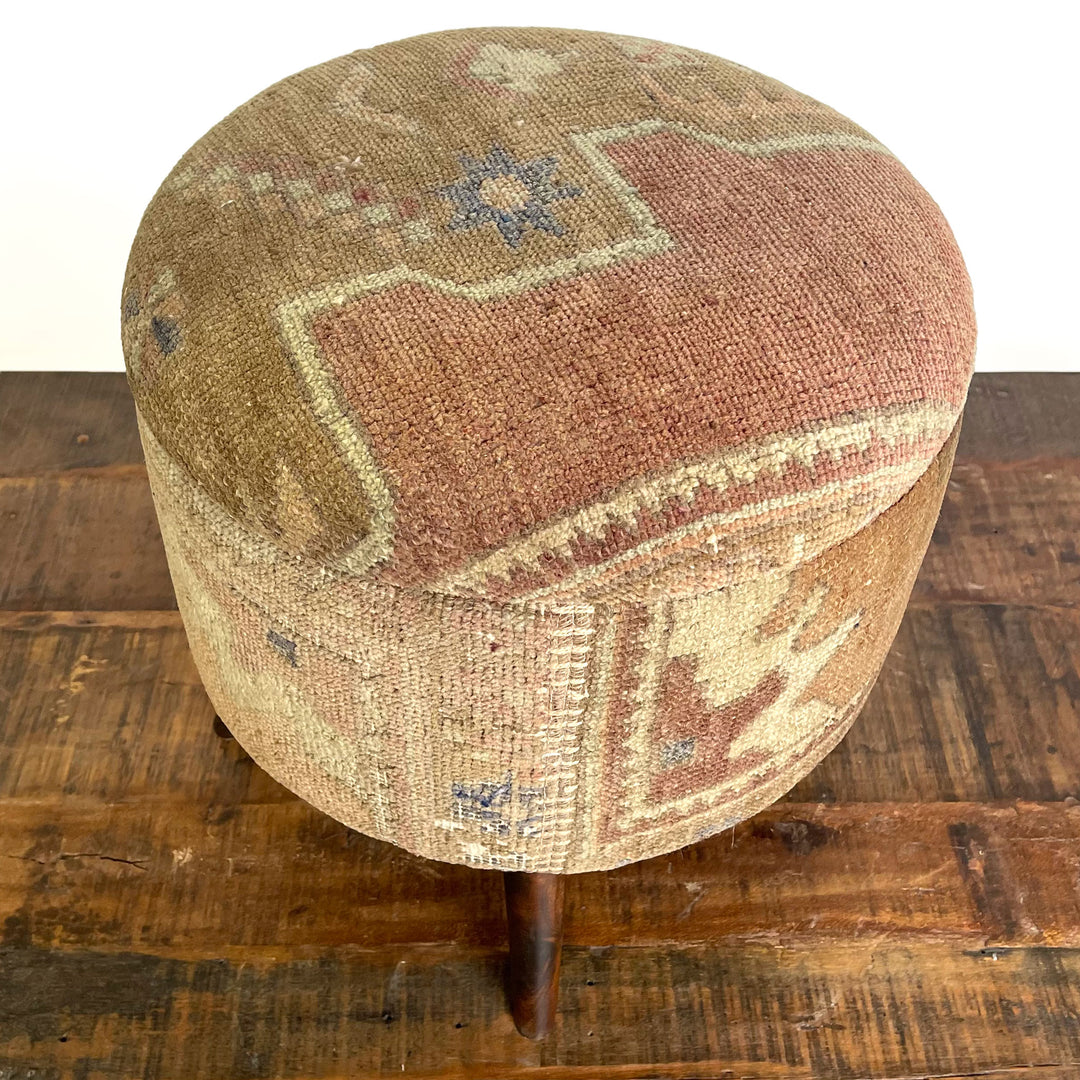 Vintage Small Round Rug Ottoman (1124-Y)