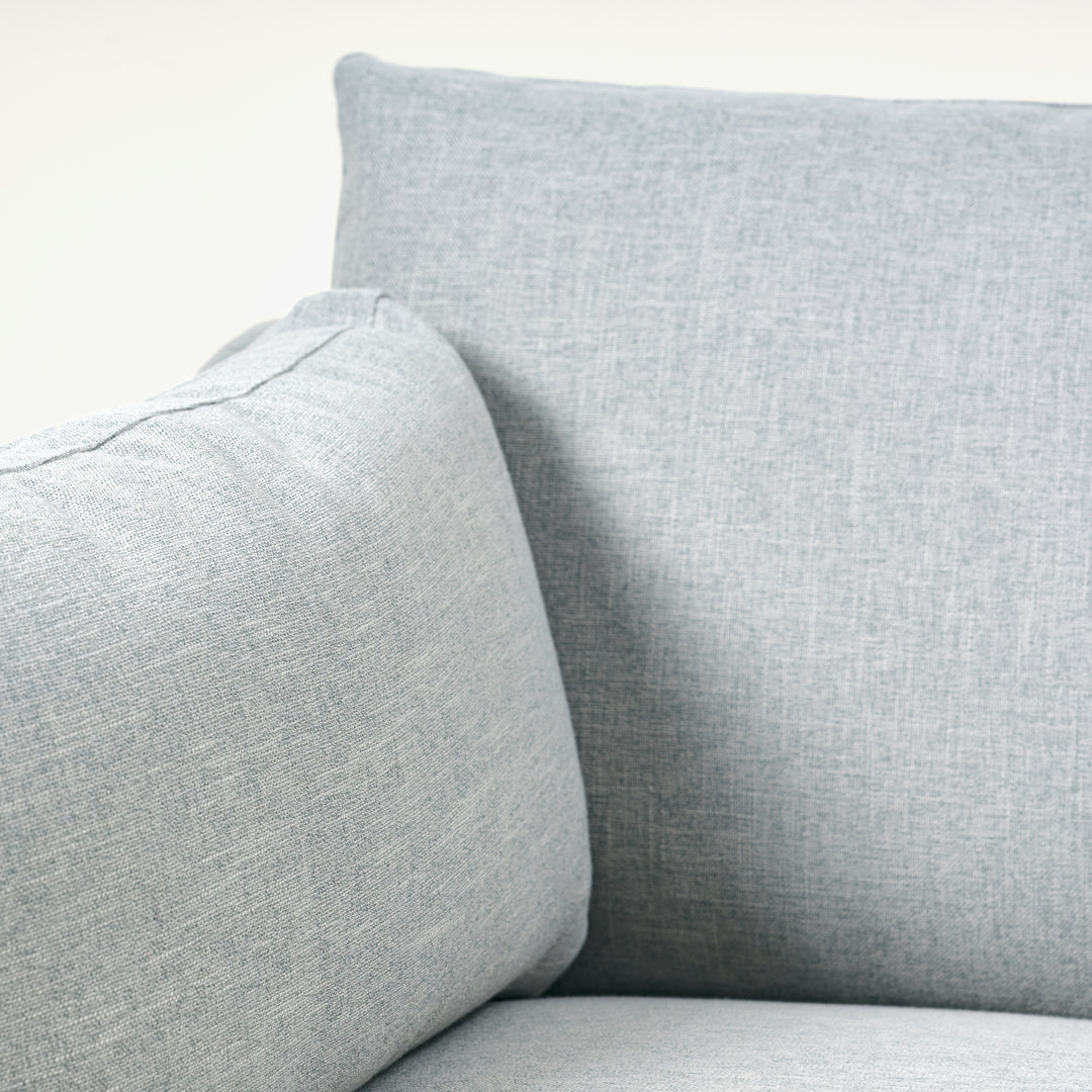 Holloway 90" Sofa  Upholstered in Kidproof Ice Blue with Tapered Leg in Chocolate Finish and Brass Caster with Cloud Down Standard Cushion