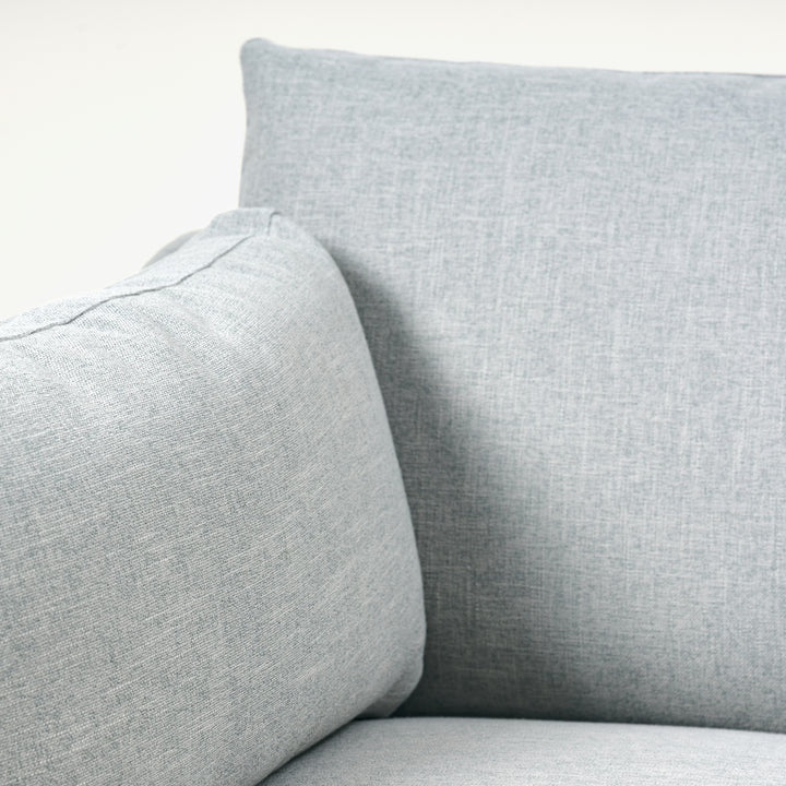 Holloway 90" Sofa  Upholstered in Kidproof Ice Blue with Tapered Leg in Chocolate Finish and Brass Caster with Cloud Down Standard Cushion