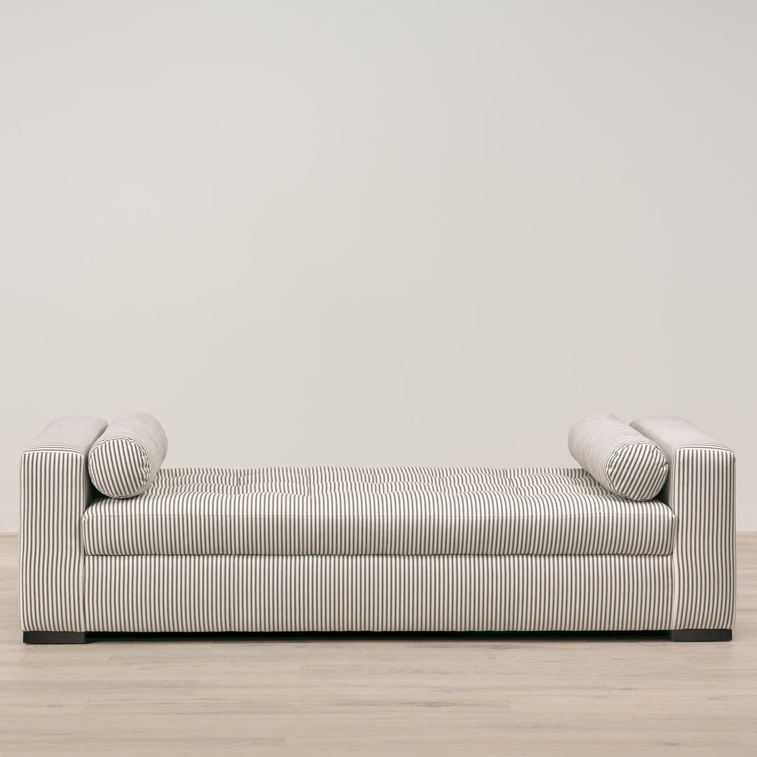 Beverly Convertible Daybed Upholstered in French ticking Charcoal with Black Walnut Leg Finish - Opens into either Two Twins or One Queen Bed