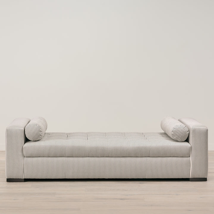 Beverly Convertible Daybed Upholstered in French ticking Charcoal with Black Walnut Leg Finish - Opens into either Two Twins or One Queen Bed
