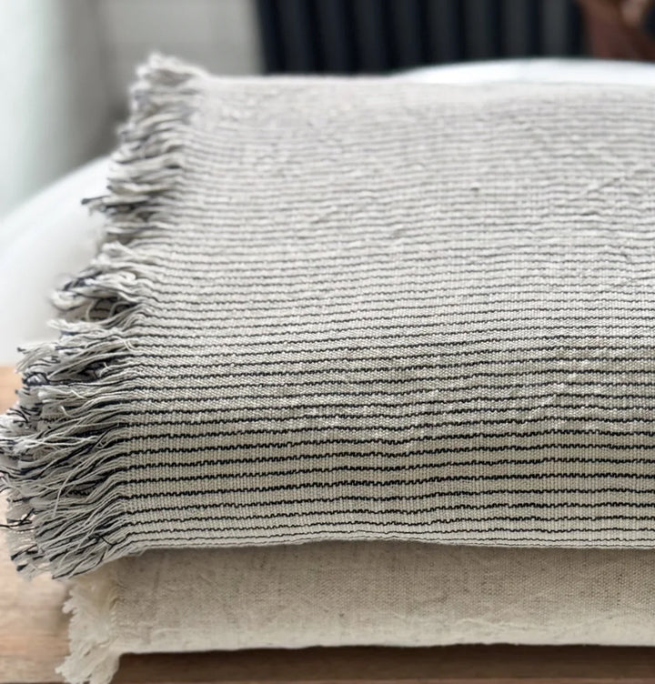 Linen-Cotton Blend Throw/Blanket - Thin Stripe Black