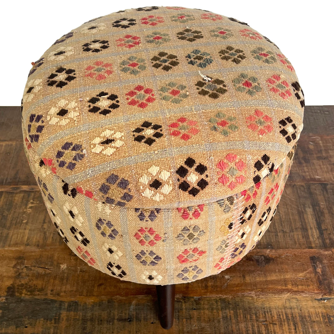 Vintage Small Round Rug Ottoman (1124-BB)