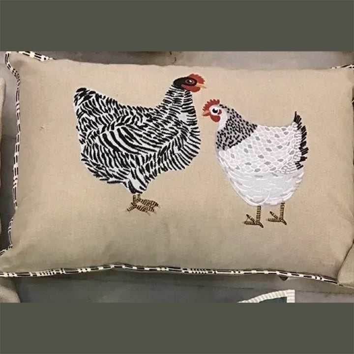 Two Chickens Linen 16x24 Embroidered Pillow