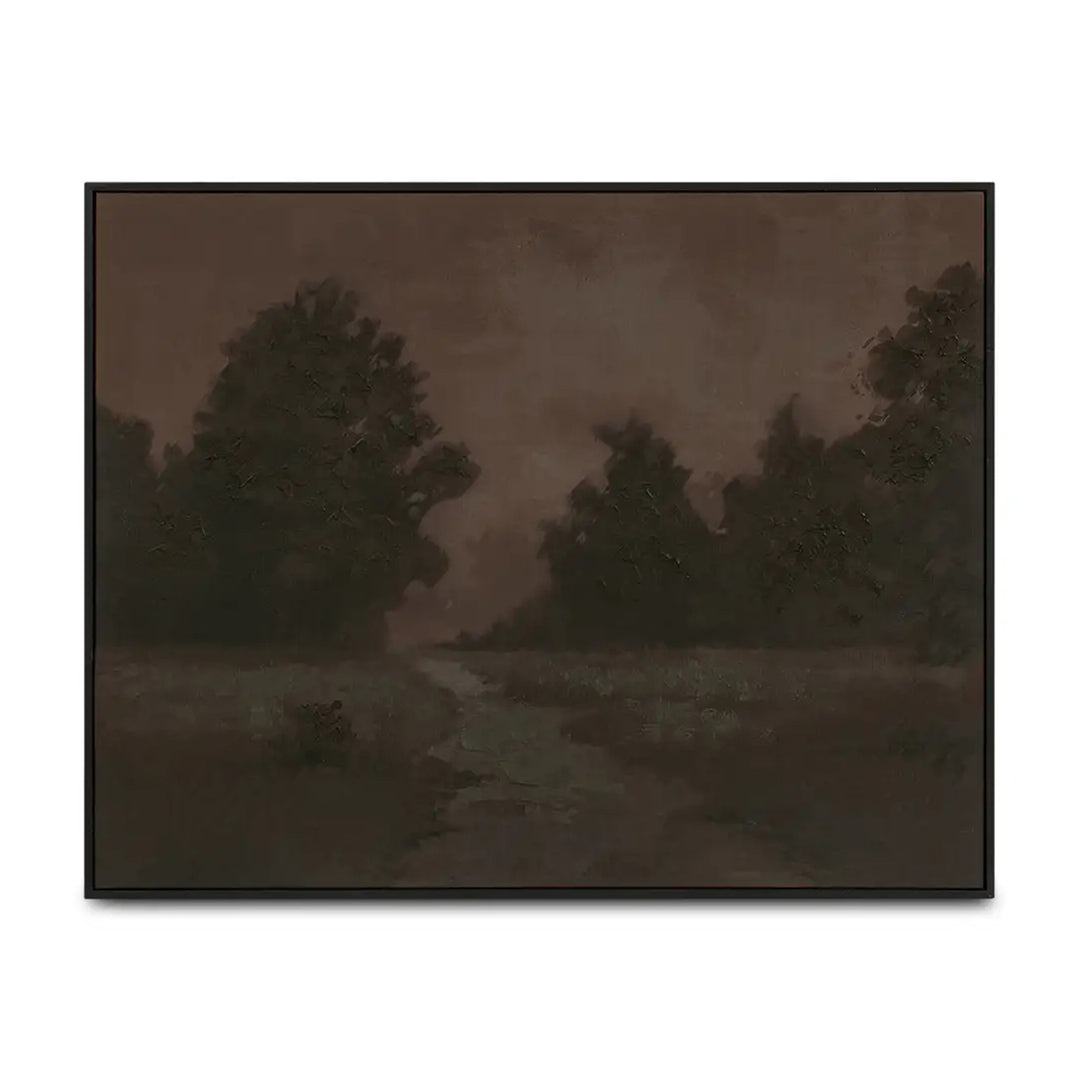Dark sepia-toned landscape with trees and a field on a white background