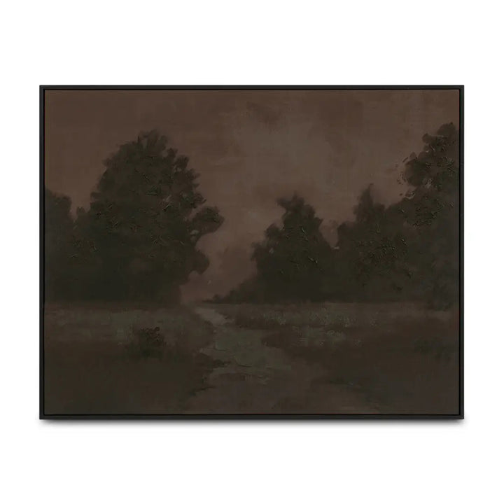 Dark sepia-toned landscape with trees and a field on a white background