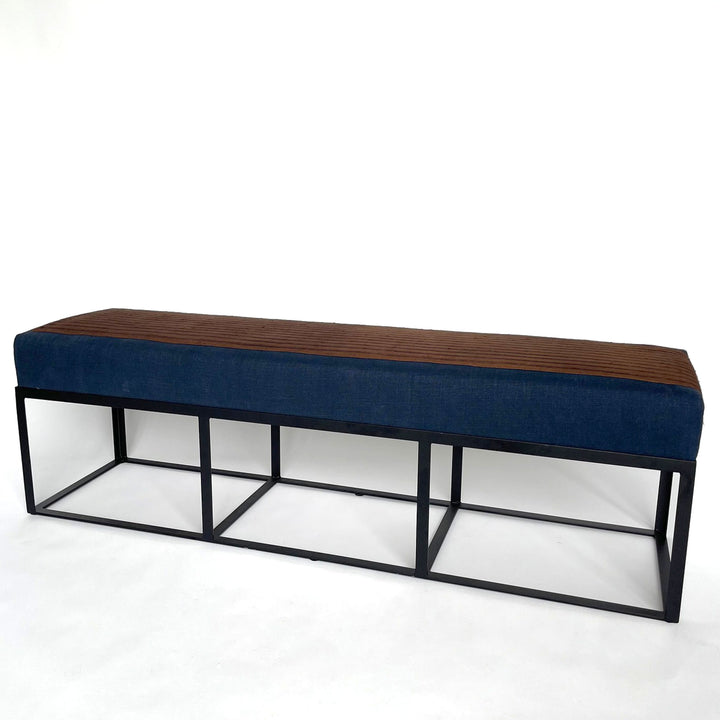 Cruz Bench in Indigo Fabric with One of a Kind Brown Stripe Runner (60")