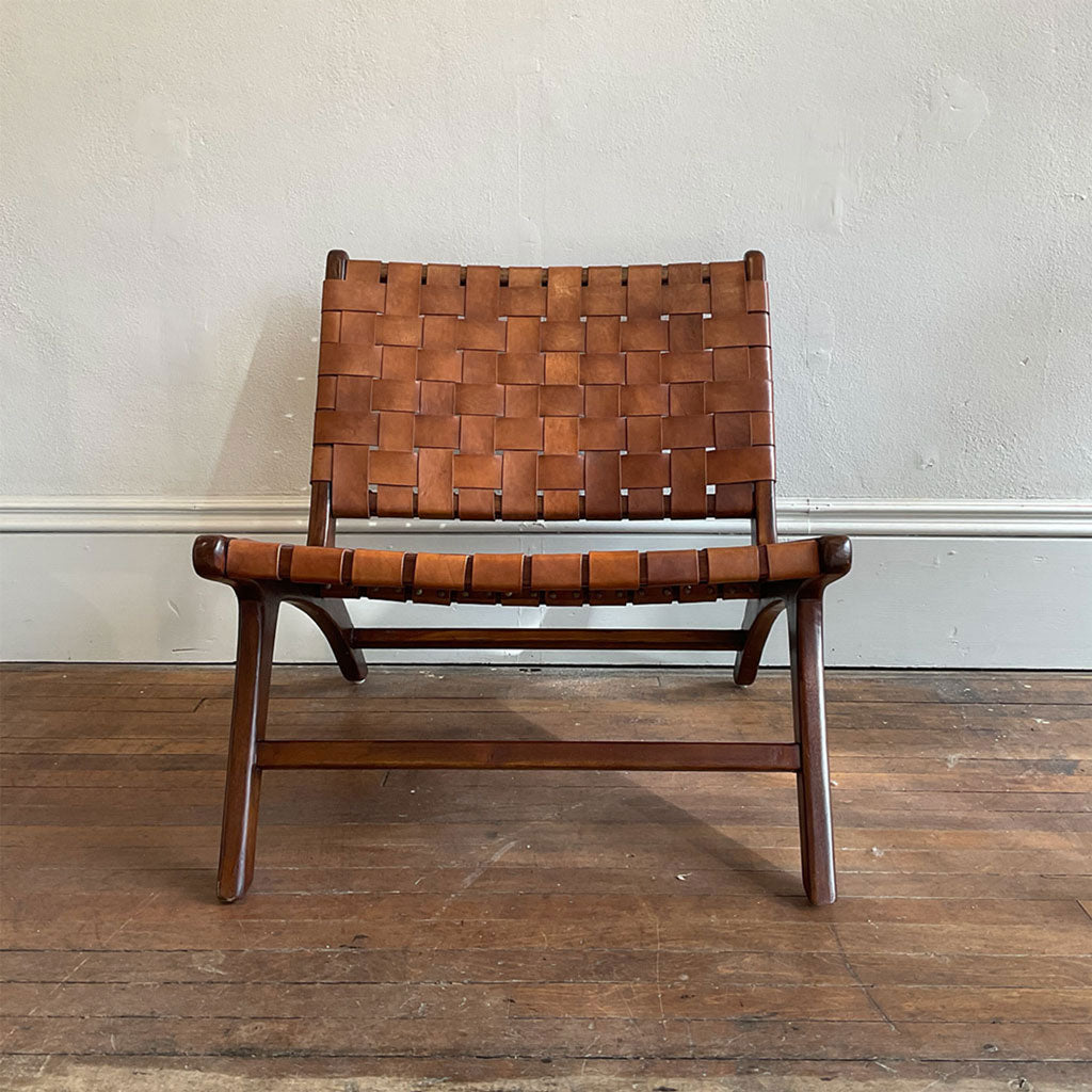 Iris Teak and Leather Chair - Woven Brown Leather