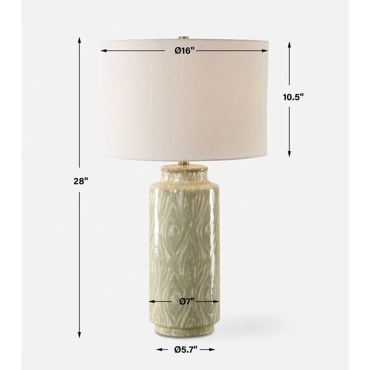 Table lamp with dimensions indicated on a white background