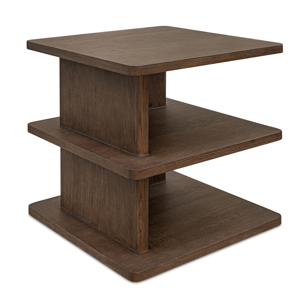 Wooden side table with three shelves on a white background