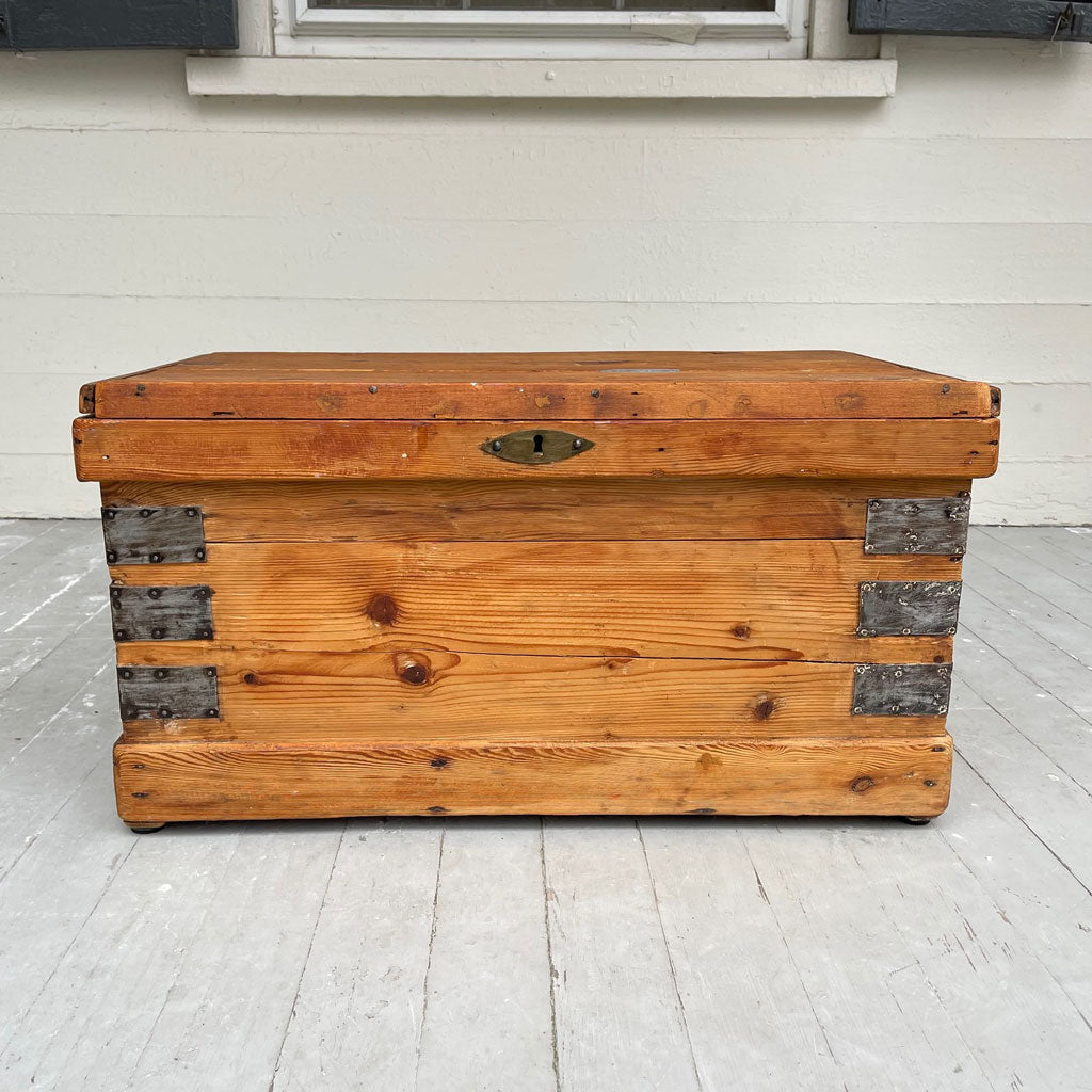 Antique Pine Lift Top Storage Box with Metal Strapped Corners