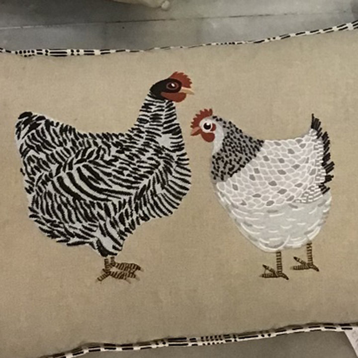 Two Chickens Linen 16x24 Embroidered Pillow