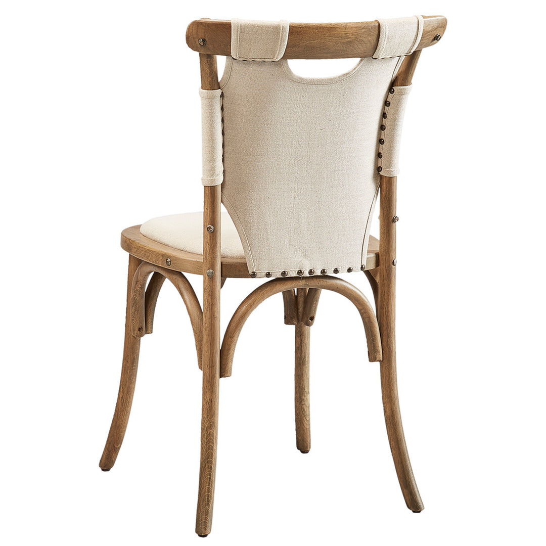Wooden chair with beige cushioned backrest and seat on a white background