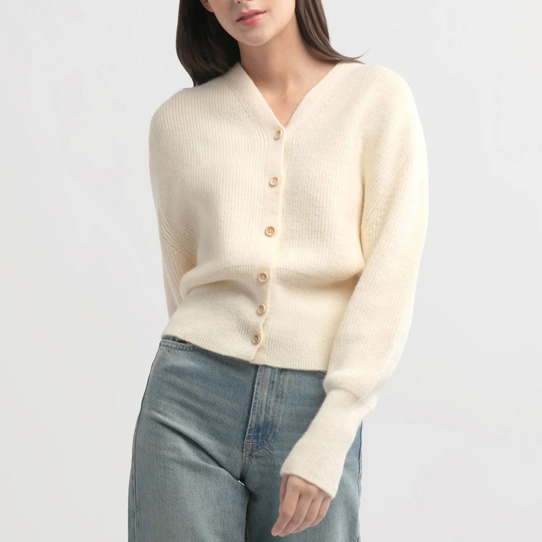 Puff Sleeve V-Neck Knit Cardigan in Ivory