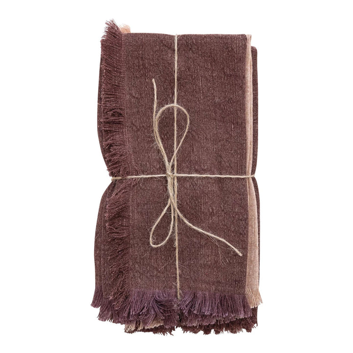 Stonewashed Linen Napkins with Fringe in Putty & Aubergine s/4