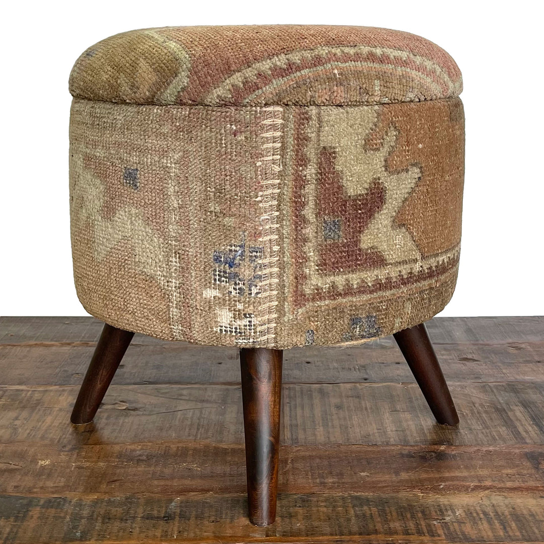 Vintage Small Round Rug Ottoman (1124-Y)