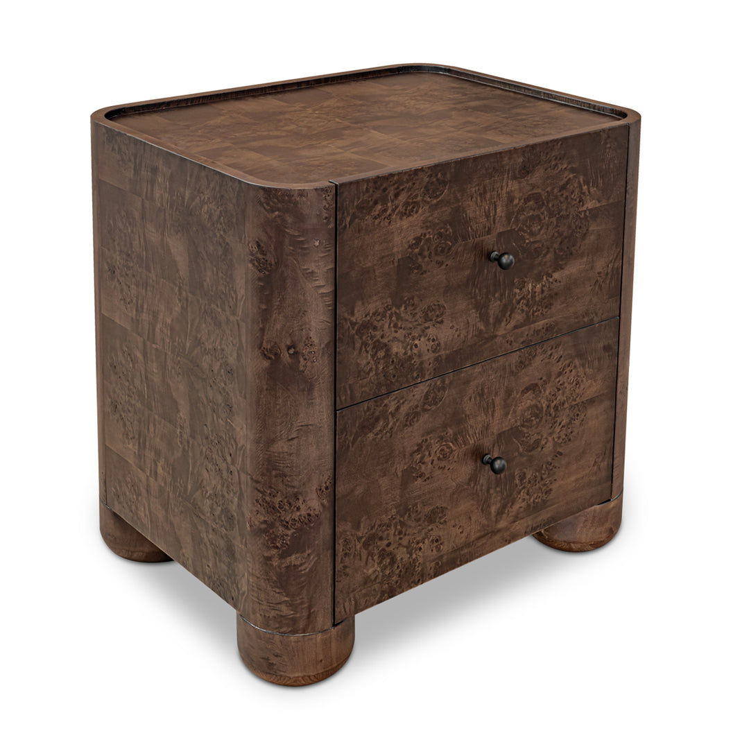 Wooden nightstand with two drawers on a white background