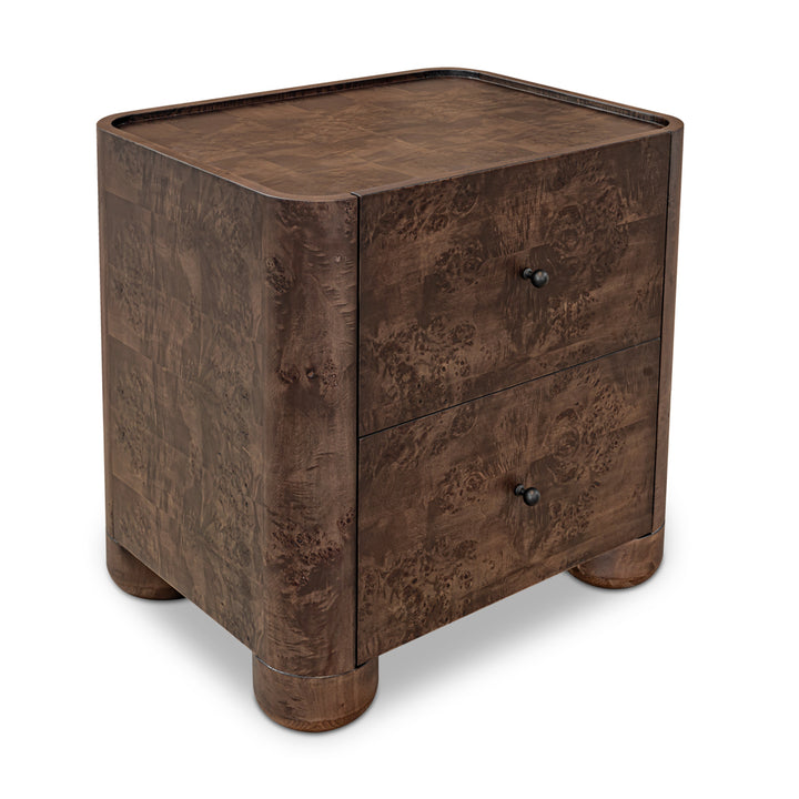 Wooden nightstand with two drawers on a white background