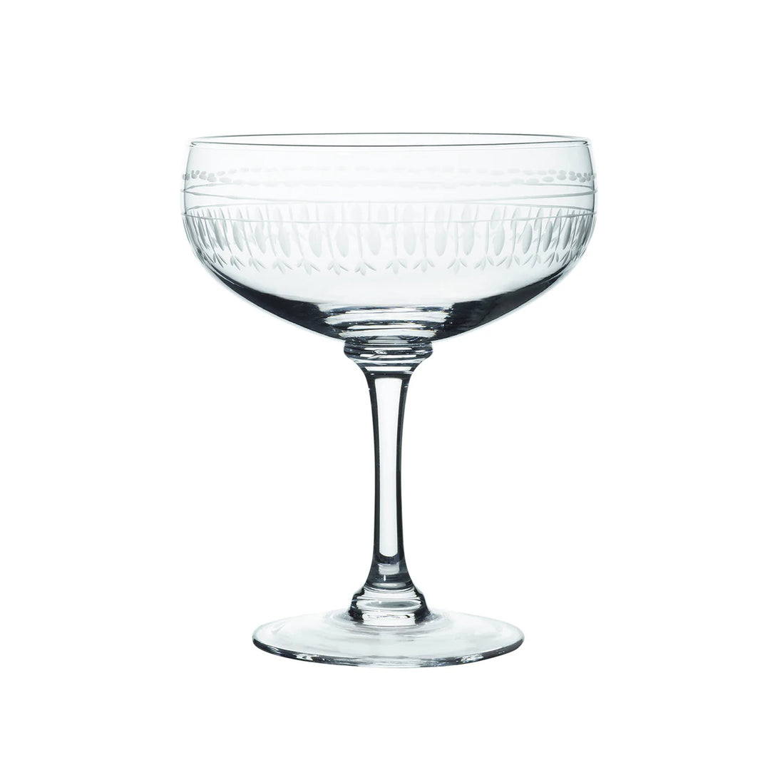 Clear glass coupe with textured design on a white background