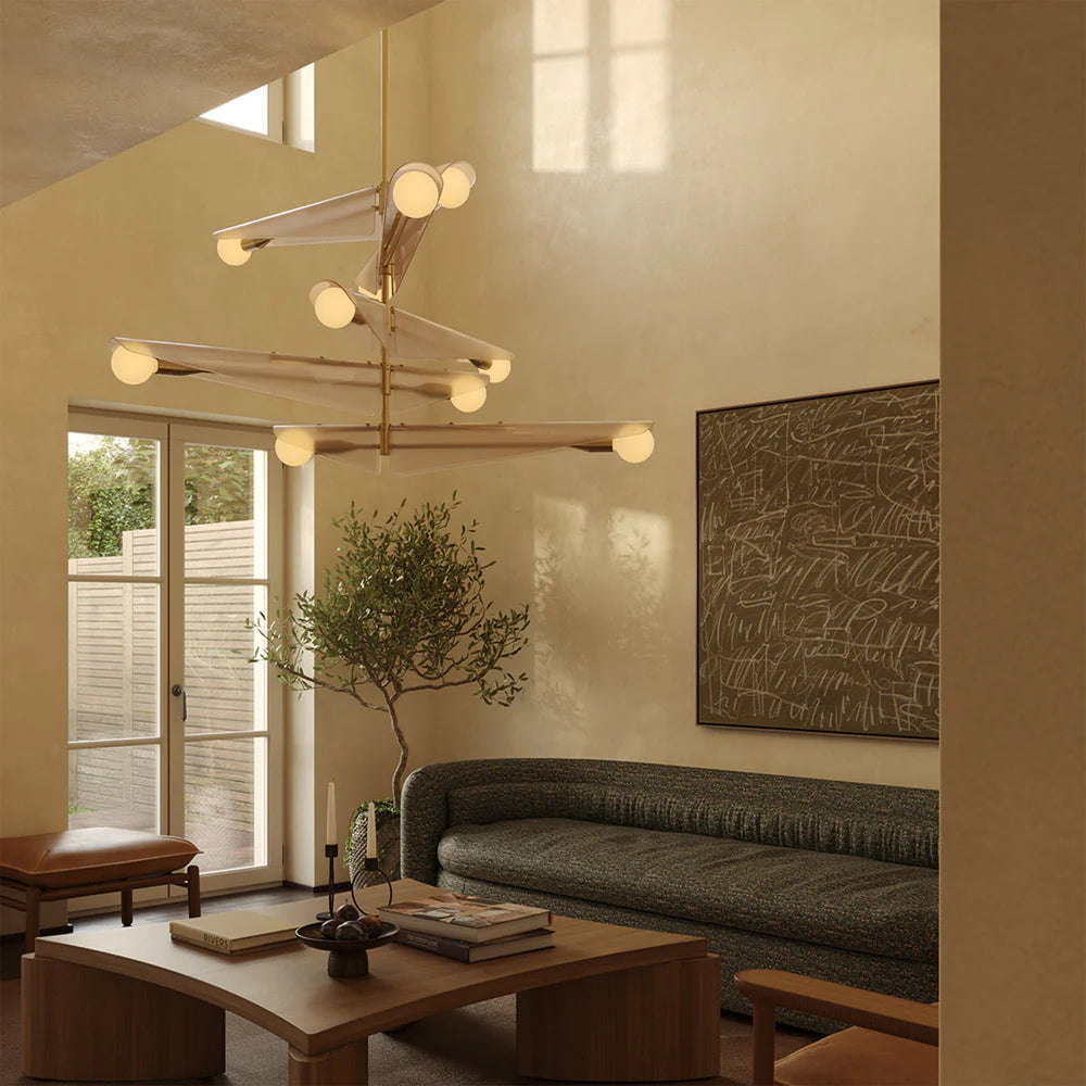 "Sycamore Chandelier 5 Tiers in Solid Brass and Dusk PinkGlass with 10 Sphere G100 LED Bulbs US"