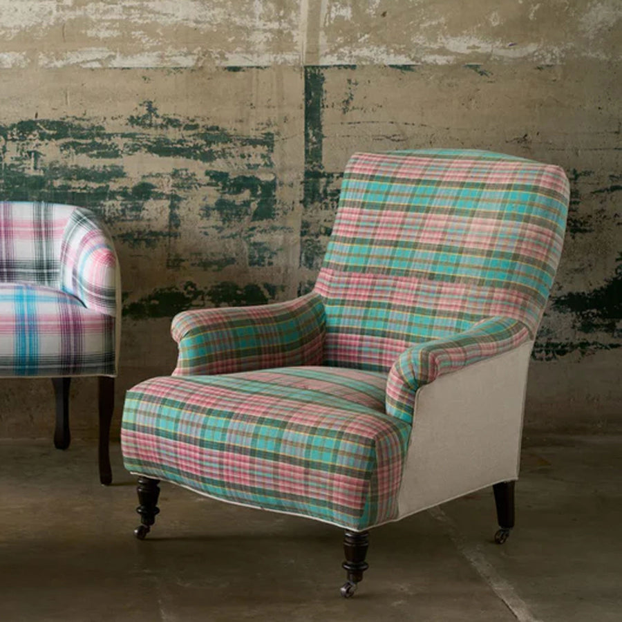 Alma Chair Upholstered in One of a Kind Green and Pink Plaid Fabric By Cisco Home