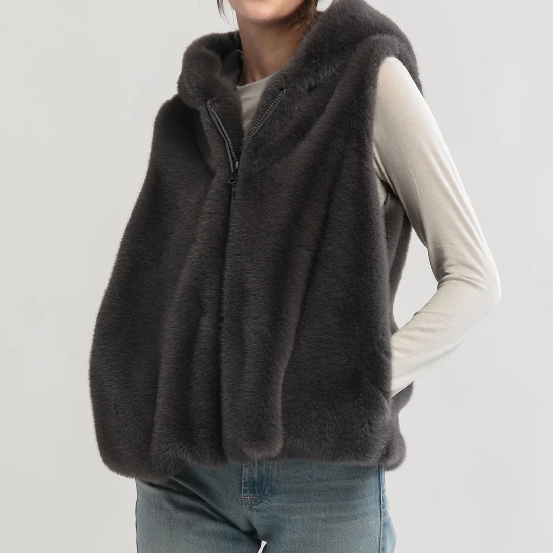 Zip Up Fur Hooded Vest in Mink