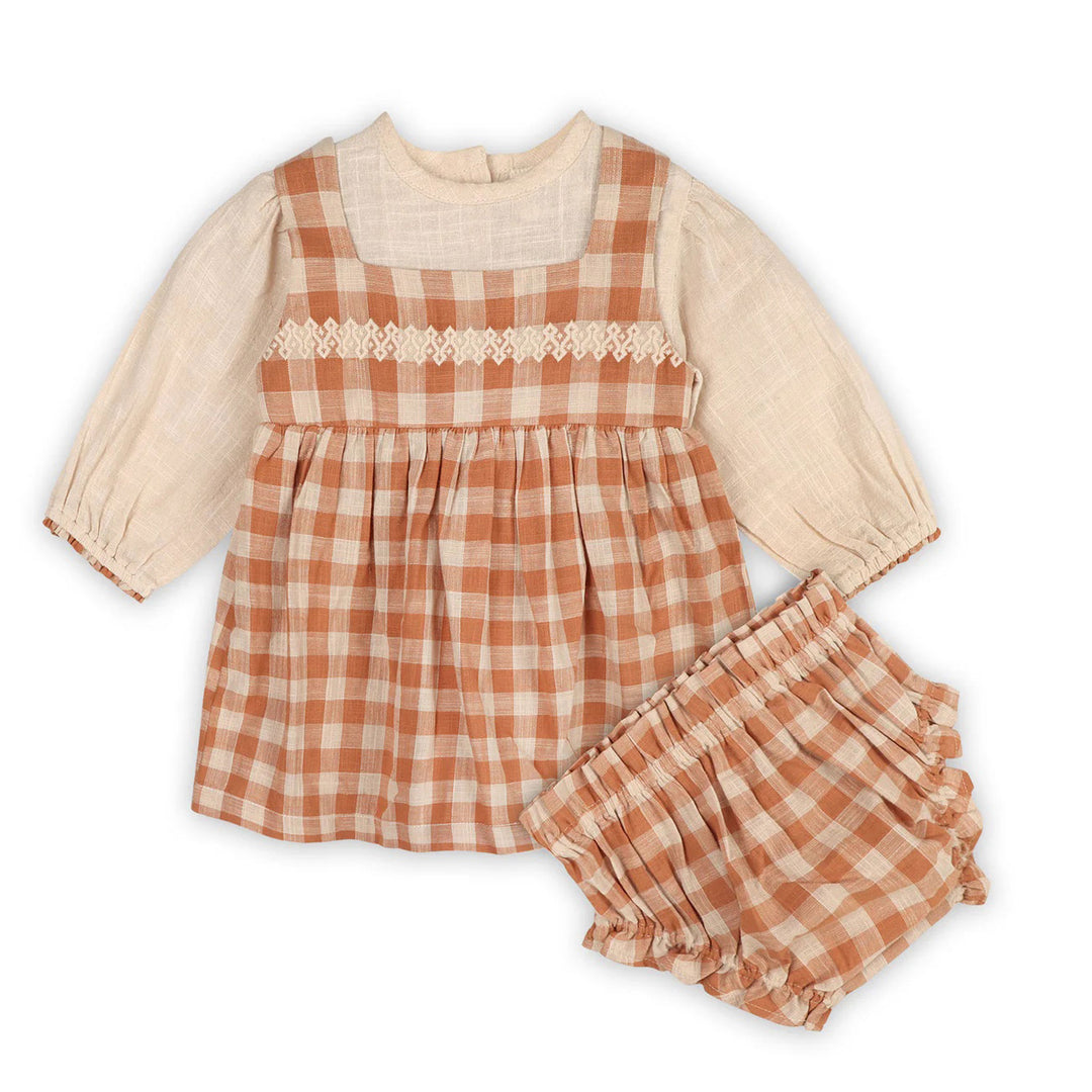 Pinafore Gingham Dress with Slub Shirt & Fancy Bloomer in Rusty Oat 3-6M